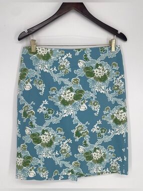 Talbots Floral Skirt Blue Green Cotton Blend Straight Cut Mini Skirt Size 8
